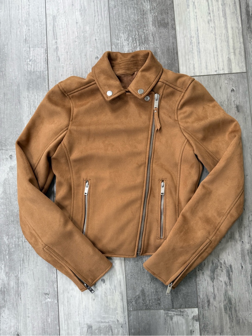 NWT Abercrombie & Fitch Faux Suede Moto Jacket Camel Vegan Leather Size Small - Picture 9 of 14